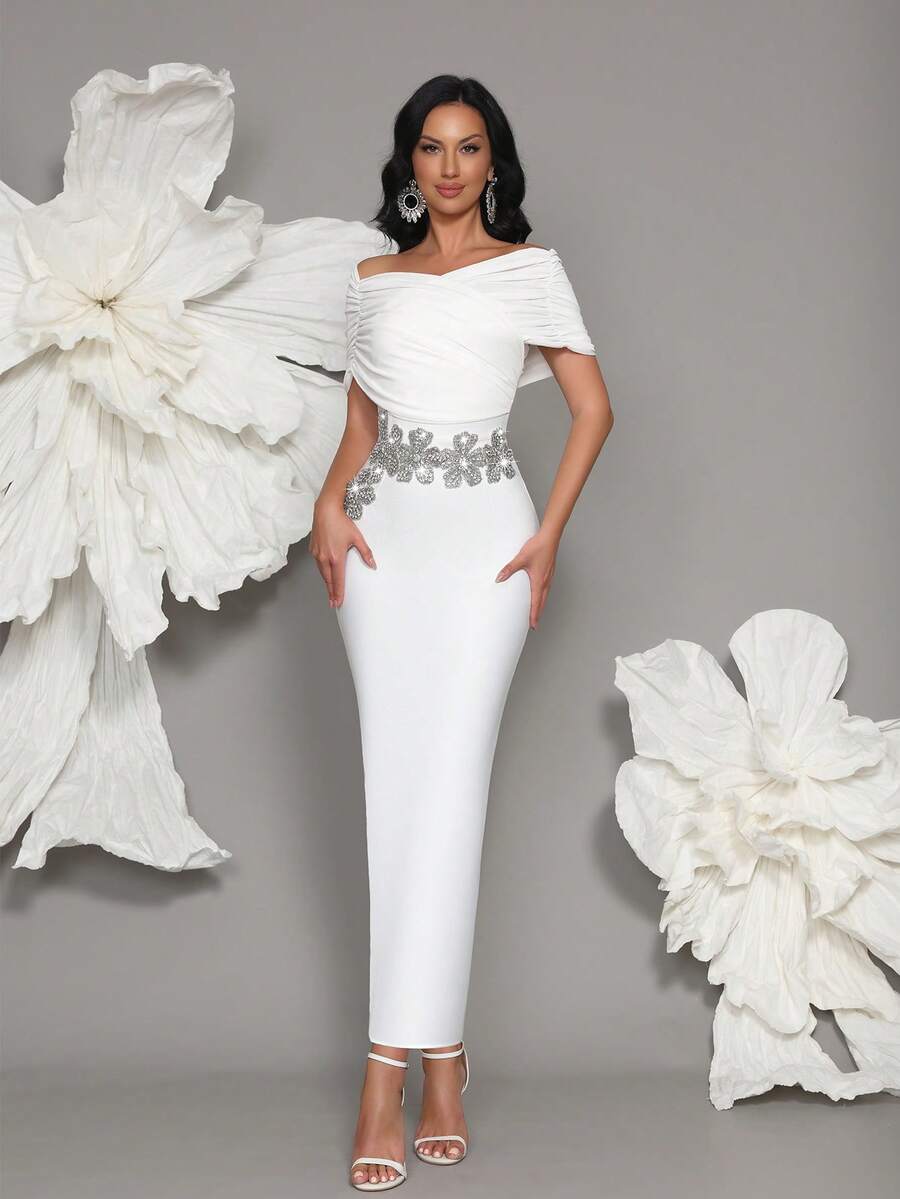 Nouvelle robe longue bandage style épaules dénudées faite main avec perles, robe de soirée moulante fendue style célébrité sexy pour fête, robe invitée de mariage, robe de cérémonie - Blanc - Voir 1