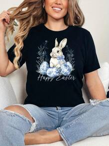 Happy Easter Shirt, Grand Millennial Easter Shirt, Blue Floral Chinoiserie Bunny Shirt, Blue Toile Easter Rabbit Shirt, Girls, Easter Coquette Shirt, Loose Style For Women, Perfect For Holiday Parties & Gift