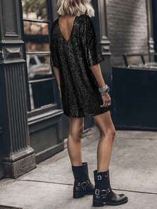 夏季新款欧美风女式闪亮亮片圆领派对百搭时尚连衣裙 - 黑色 - 查看 4
