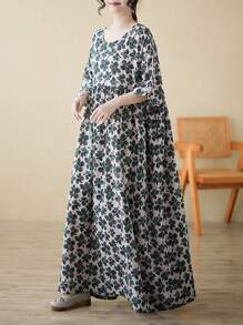 Top, Bohemian Casual Holiday Dress, Green Flower Beach Dress, Women's Elegant Everyday Dress, Summer 2025 New Short-Sleeved Crewneck Dress, Women's Plus-Size Holiday Dress, One Dress,