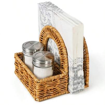 PE Woven Rattan Napkin Holder With Salt & Pepper Shakers Rack, Handwoven Kitchen Spice Bottles Desktop Organizer, Fashionable Dining Table Paper Towel Holder
