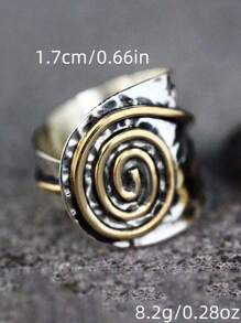 1pc Bohemian Vintage Metal Silver & Gold Color Swirl Circular Wide Open Ring For Men & Women, Suitable For Daily, Vacation, Party Wear - 彩色 - 查看 4