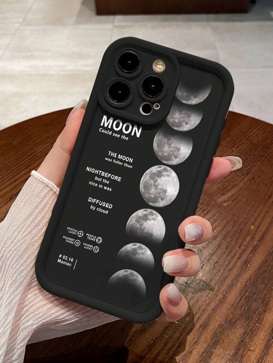 Cherry 1pc 极简月食与新月阴影设计防指纹黑砂岩手机壳适用于 Apple///Redmi/Infinix/Vivo 防水防震防摔防刮 - 黑色 - 查看 1