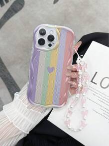 Funda para teléfono con textura, ondas, rayas con corazón brillante pintado, a prueba de golpes, con pulsera de mariposa hecha a mano con cuentas, compatible con iPhone XR/7/8, iPhone 16/16 Pro/16 Plus/16 Pro Max, iPhone 15 Pro Max, iPhone 13, iPhone 14, iPhone 11, Galaxy S24, Galaxy S24+
