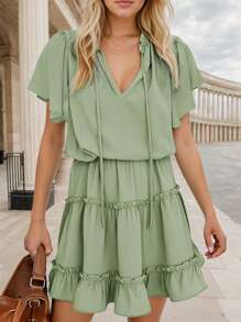 Woman Casual Summer Ruffle Design Mini Light Dress - 薄荷綠 - 查看 1