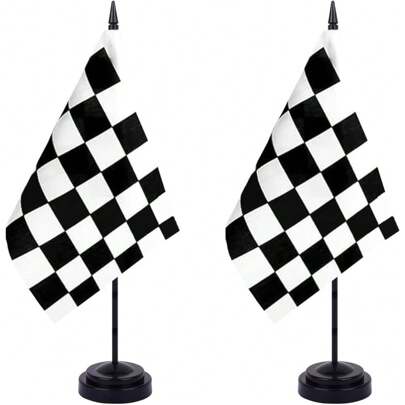 2 Packs Checkered Black And White Racing Flag Race Car Deluxe Desk Flag Set - Mini Small Racing Table Office Flags With Black 12" Solid Pole Stand Base Decorations