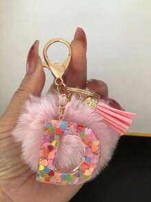 Letter Initial Keychain, Cute Fluffy Ball Keyring, Can Be Hung On Bags, Backpacks, Cars, Ideal Gift For Women And Girls, Also A Wallet And Handbag Accessory. This Tassel Keychain Includes Letters A-Z, Suitable For Commuting Wear. - Pink - View 21