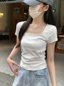 女式方领褶皱修身短袖休闲 T 恤，夏季 - 白色 - 查看 8