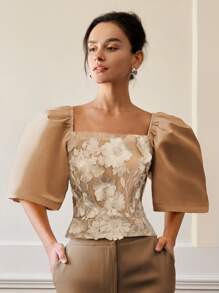 Áo cánh dự tiệc vải đặc biệt thêu cao cấp dành cho nữ, mùa hè, áo crop top, trang phục công sở thường ngày, đi nghỉ, tay bồng - màu nâu - Xem 1