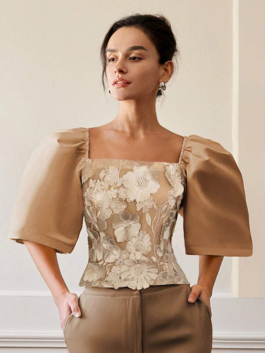 Áo cánh dự tiệc vải đặc biệt thêu cao cấp dành cho nữ, mùa hè, áo crop top, trang phục công sở thường ngày, đi nghỉ, tay bồng - màu nâu - Xem 1