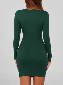 Women Fall Bodycon Dress Long Sleeve Crew Neck Slim Fit Mini Dress Autumn Party Club Cocktail Date Holiday Valentine Short Mini Dress Outfits - 深綠色 - 查看 2