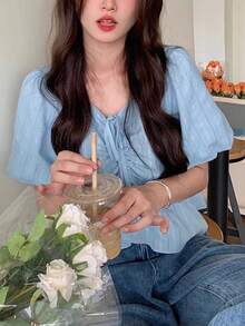 女士纯色简约短袖休闲衬衫上衣 - 藍色 - 查看 3