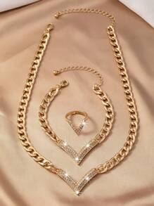 3pcs Set Alloy Chunky Chain Full Rhinestone V-Shaped Pendant Necklace, Bracelet & Ring, Luxury Retro Fashion Suit For Gift, Party, Banquet And Daily Wear