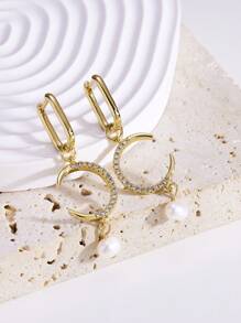 1对18K镀金天然珍珠和立方氧化锆月亮耳环（女士款） - 金黃色 - 查看 1