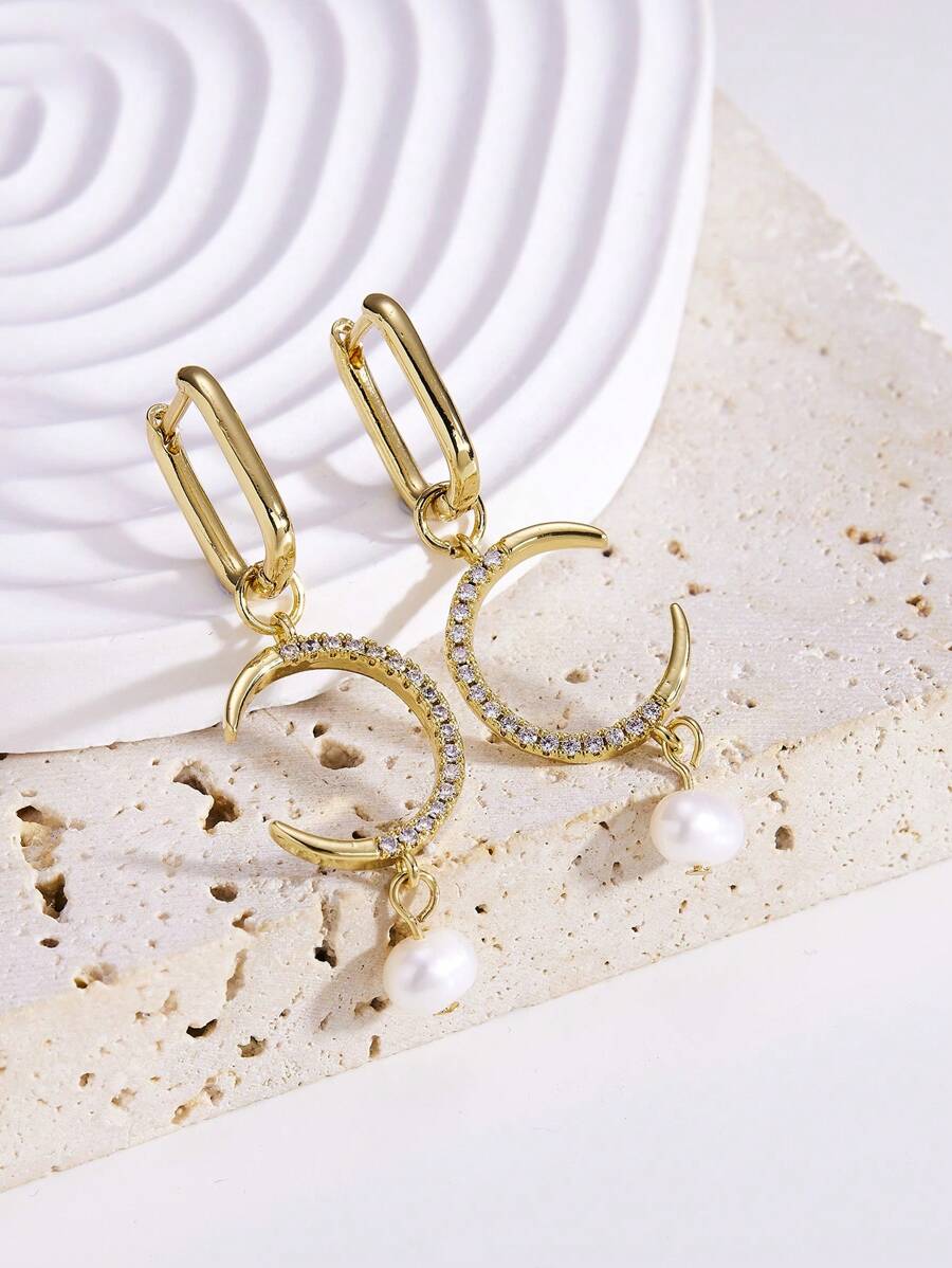1对18K镀金天然珍珠和立方氧化锆月亮耳环（女士款） - 金黃色 - 查看 1
