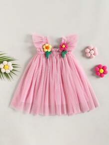 Vestido de niña pequeña con decoración de flores, manga de vuelo, vestido de princesa informal de capa de tul para verano - Rosa - Ver 7