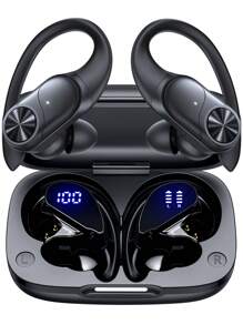80hrs Playtime Bluetooth Headphones Wireless Earbuds With Earhook, Wireless Charging Case Digital Display Sports Ear Buds, Over-Ear Earphones For Sports - màu đen - Xem 1