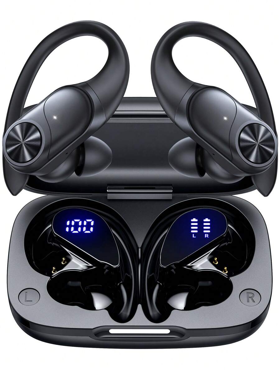 80hrs Playtime Bluetooth Headphones Wireless Earbuds With Earhook, Wireless Charging Case Digital Display Sports Ear Buds, Over-Ear Earphones For Sports - màu đen - Xem 1