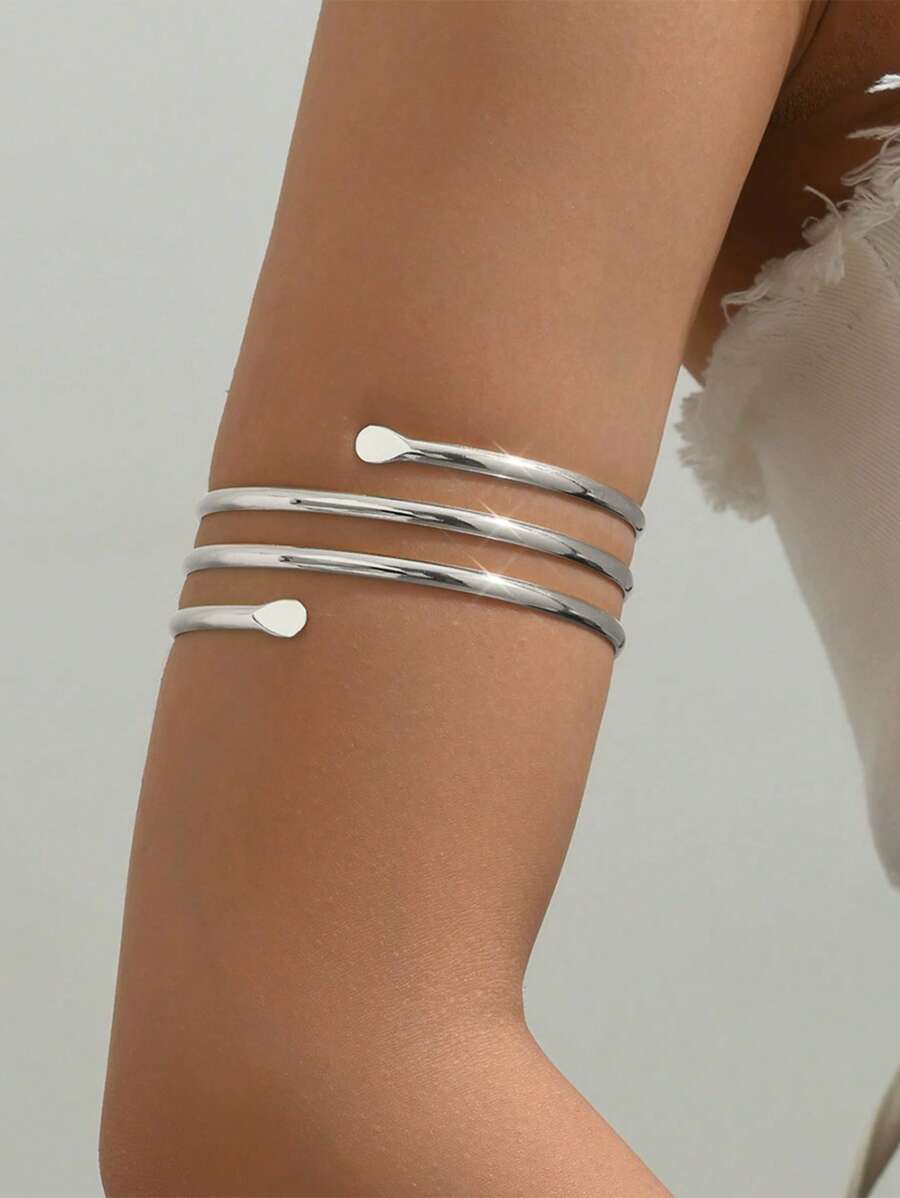 1 chiếc vòng tay xoắn ốc bốn lớp màu vàng trơn, vòng tay thời trang đơn giản cá tính dành cho phụ nữ, thích hợp cho tiệc tùng, buổi tối, quà tặng, mặc hàng ngày - Bạc - Xem 1