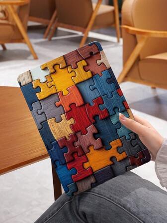 拼接 1 件平板电脑保护壳，带块拼图图形印花，兼容 iPad 10.2 英寸、iPad Pro 11 2021/2020/10th Gen、iPad Mini 4/5/6、Galaxy Tab A8 10.5 英寸 2022、Matepad 10.4/Tab，带笔槽，支持自动睡眠/唤醒