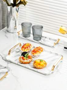 1 White Plastic Tray With A Marble Design - Perfect For Tea, Desserts And Cooked Food In The Kitchen, Dining Room Or Living Room - Perfect For Weddings, Birthdays And Gifts, Decorative Trays, Innovative Cutlery, Kettles, Breads, Parties, Gifts