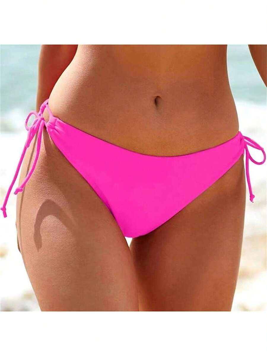Women's Low Waist Swim Shorts Solid Color Side Tie Up Bathing Suit Bottoms For Seaside, Beach - Hot Pink - View 1