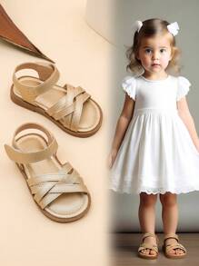 1 Pair Summer Girls Outdoor Hook And Loop Flat Sandals