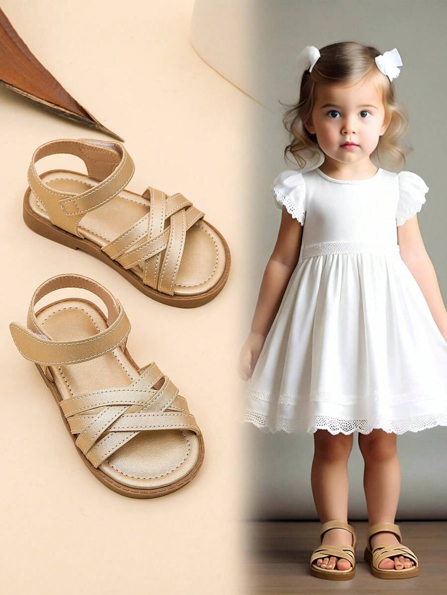 1 Pair Summer Girls Outdoor Hook And Loop Flat Sandals