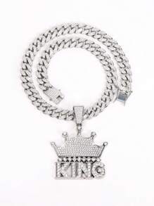 LIGHTSOME Hip Hop Bling Rhinestone Crown KING Pendant Necklace For Men Punk Tennis Chain Link With Queen Pendant Jewelry Gift For Women - Silver - View 12