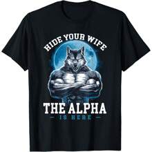 Retro Hide Your Wife The Alpha Is Here Funny Wolf Meme Men T-Shirt Oversized Short Sleeve Classic Heavy Cotton T Shirt Printed Graphic Tee Women's Casual Short-Sleeved Top - 設計8 - 查看 1