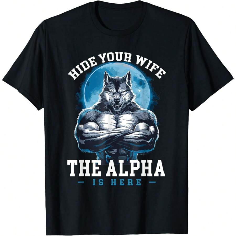 Retro Hide Your Wife The Alpha Is Here Funny Wolf Meme Men T-Shirt Oversized Short Sleeve Classic Heavy Cotton T Shirt Printed Graphic Tee Women's Casual Short-Sleeved Top - 設計8 - 查看 1