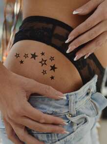 2 Sheets Small Size Body Art Temporary Tattoo Stickers For Men And Women, Black Solid Hollow Star Pattern, Emo Punk Style, Waterproof Fake Tattoo, Lasts 2-5 Days, Covering Scars, Can Be Used On Arms Wrist Shoulders Legs Waist Neck Hand Chest Thighs Finger, Best Friend Couple Tattoo,Lover,Cosplay,Music Festival - Black - View 3