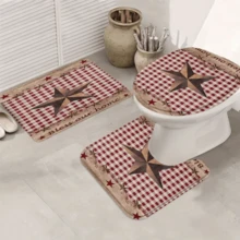4pcs Red Star Grid Shower Curtain Gift Modern Home Bathroom Decoration Curtain And Toilet Floor Mat 3-Piece Set With 12 Shower Curtain Hooks Bathroom Accessories Back To School Fall Decor