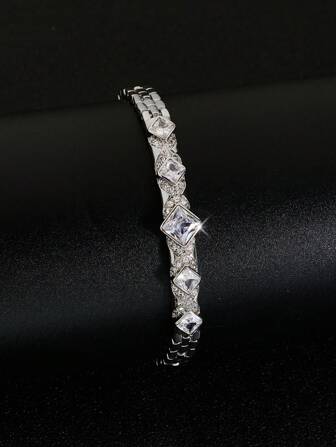 1 件女士时尚方形白色锆石手链，约会时的惊喜礼物