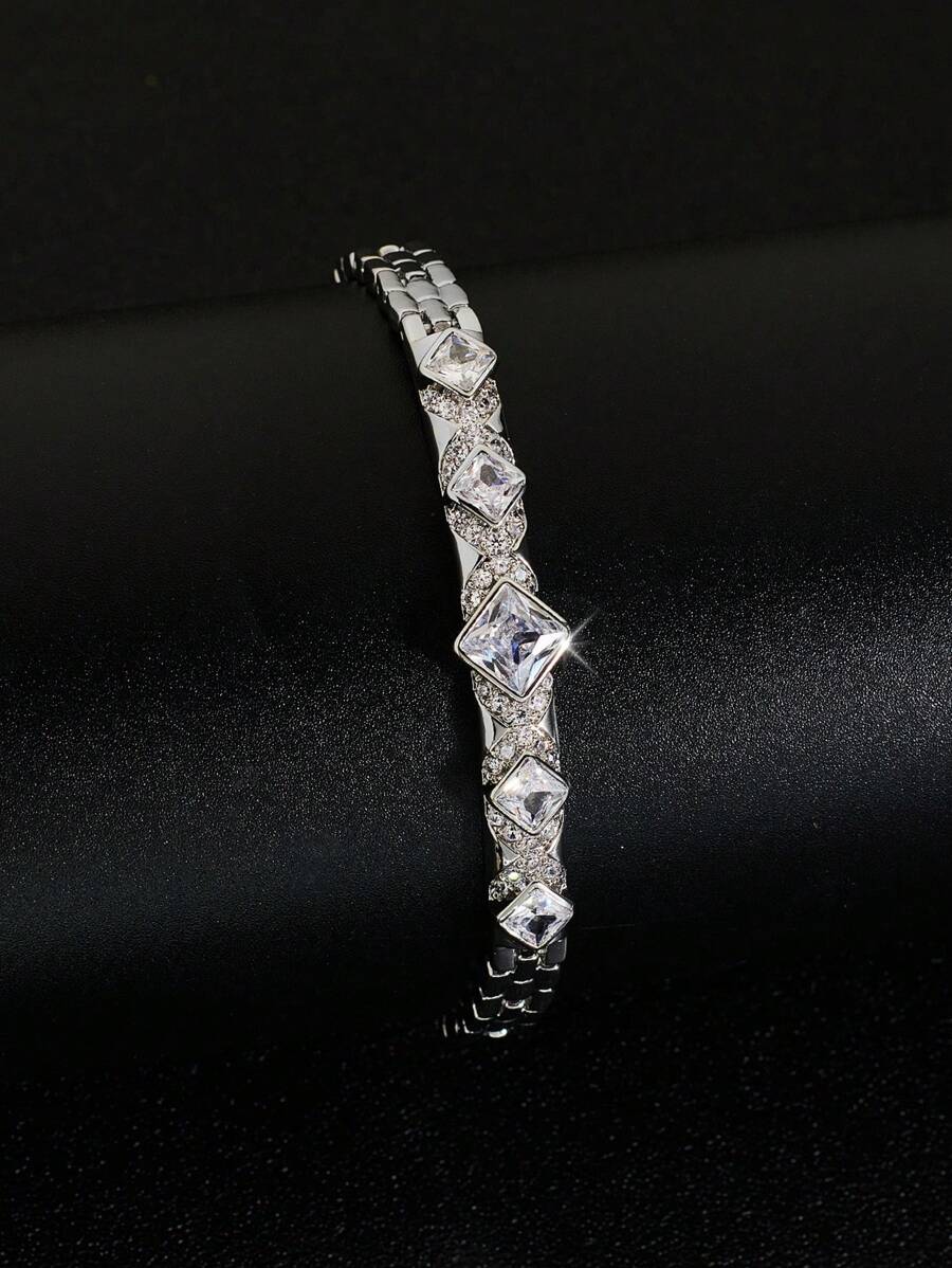 1 件女士时尚方形白色锆石手链，约会时的惊喜礼物 - 銀色 - 查看 1