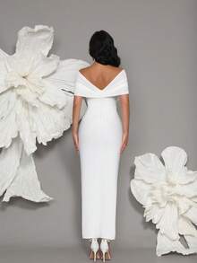 Nouvelle robe longue bandage style épaules dénudées faite main avec perles, robe de soirée moulante fendue style célébrité sexy pour fête, robe invitée de mariage, robe de cérémonie - Blanc - Voir 6