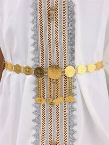 1pc Gold Tone Coin Shaped Alloy Bride Waist Chain, Exquisite Tassel Design, Saudi Arabian Style Fashion Waist Belt For Wedding, Party, Holiday