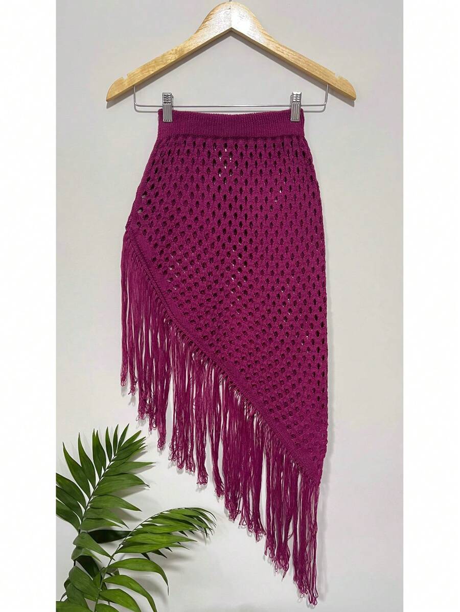 Skirt Knitted Beach Cover-Up With Fringes. - 玫瑰紅 - 查看 1