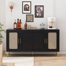 59.84" Vintage Four-Door Cabinet, Plastic Rattan, Suitable For Living Room, Dining Room, Bedroom(Black)