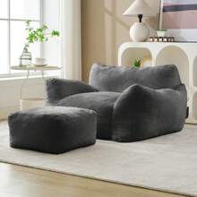 Modern Faux Fur Fabric Large Bean Bag Chair With Ottoman, Oversized Adult Bean Bag Chair With Filler, Lazy Sofa Comfy Bean Bag Couch With Armrests - 淺灰色 - 查看 2