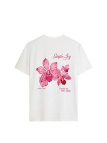 全新柔软百搭女士休闲圆领宽松透气图案印花 T 恤，春夏 - 白色 - 查看 4