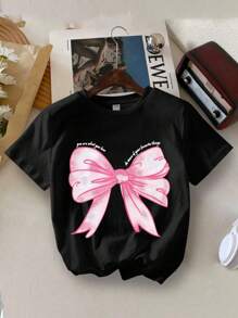 2pcs/Set Tween Girls Bow Print Round Neck Short Sleeve T-Shirt & Pleated Skirt Set, Spring/Summer - Multicolor - View 4