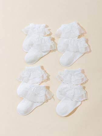 4 双婴儿/幼儿女孩纯色蕾丝边网眼透气柔软袜子，适合日常穿着或情人节装扮