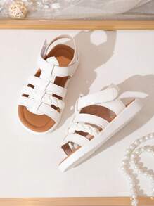 1 Pair Newborn Baby Girl Sandles With Woven Straps And Straight Straps, Cute And Clean Style Suitable For Spring/Summer - White - View 4