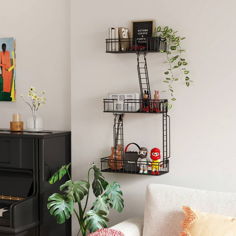 Fire Escape Wall Shelf - NYC Fire Escape Shelf For Figures, 3-TierDisplay Shelves, Metal Figurine Display Shelf Wall Decor, Stylish Decorative Wall Shelves For Any Room Decor, Black - 黑色 - 查看 1