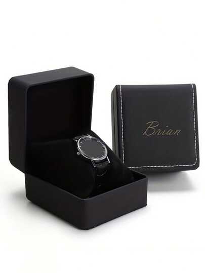 Presentask med personligt namn i konstläder, svart presentask i ett stycke, bärbar förvaringsask för klockor i konstläder, resepresent för män och kvinnor