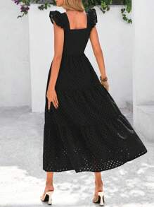 Women's Summer Square Collar Long Dress With Sleeve Cap Hole Eye Ruffles Layered A-Line Casual Vacation Long Skirt With Pockets - màu đen - Xem 2