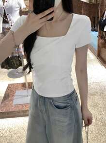 女式方领褶皱修身短袖休闲 T 恤，夏季 - 白色 - 查看 5