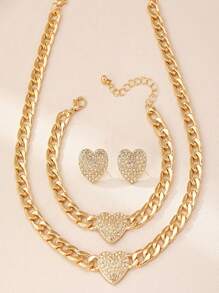 金色金属首饰套装包括：粗链、简约心形吊坠、耳钉、项链、手链、日常佩戴套装 - 金黃色4件套裝 - 查看 5