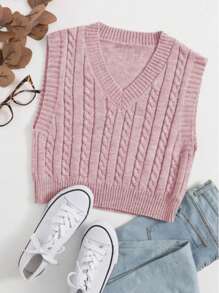 V-Neck Braided Knit Sweater Vest - 乾枯玫瑰色 - 查看 1